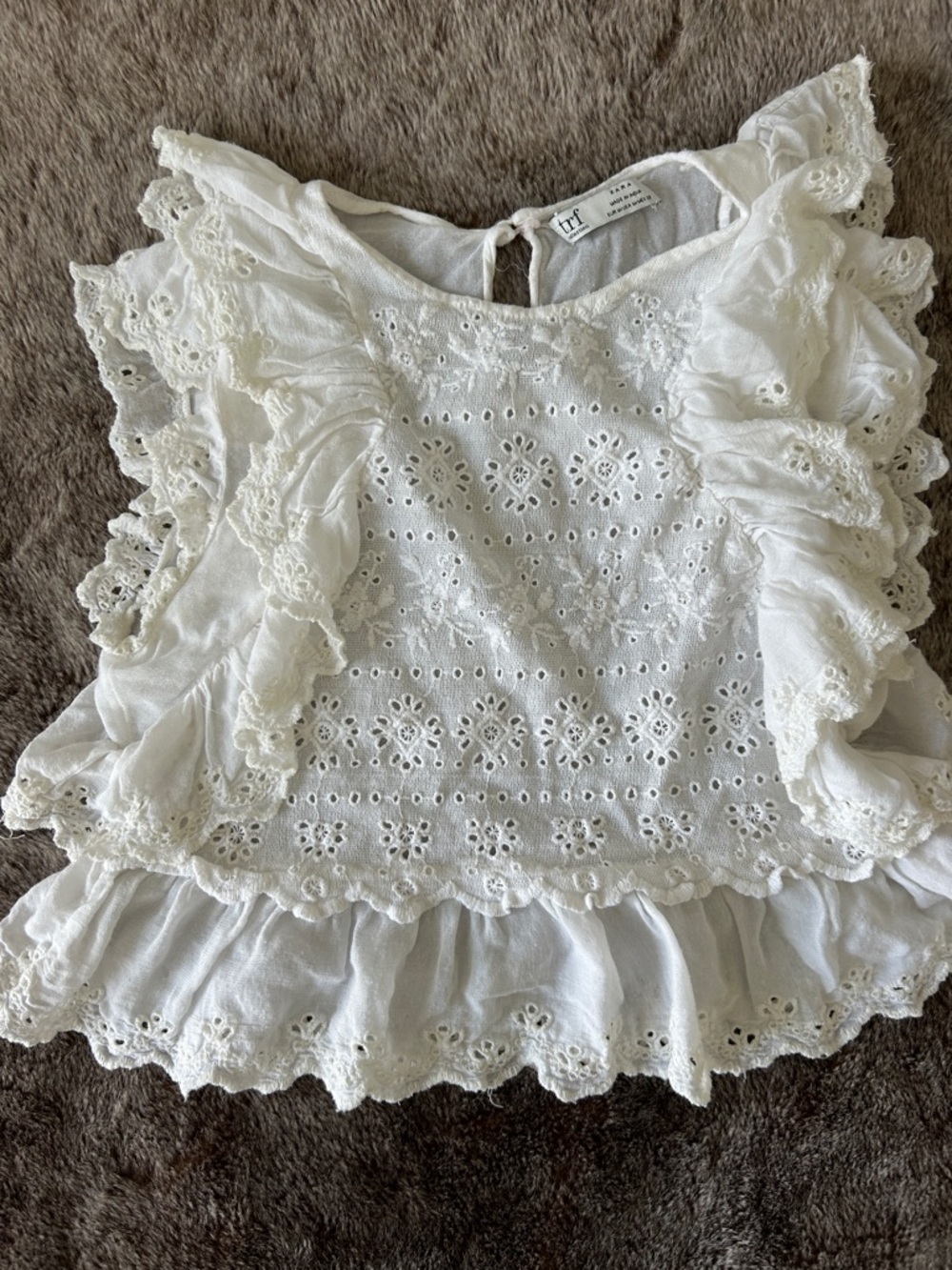 Zara White Embroidered Eyelet Ruffle Top M